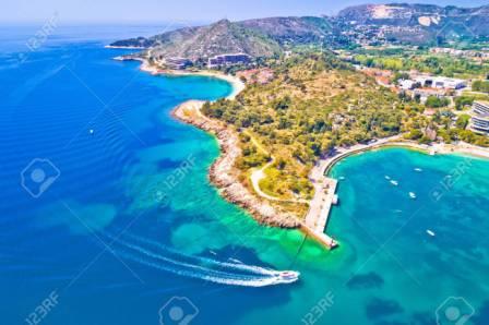 Aerial view of Dubrovnik emerald coastline in Srebreno, Dalmatia region of Croatia